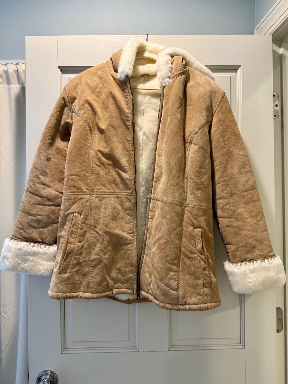 Wilsons Leather Tan Faux-Suede Shearling Jacket with Cream Faux-Fur Trim